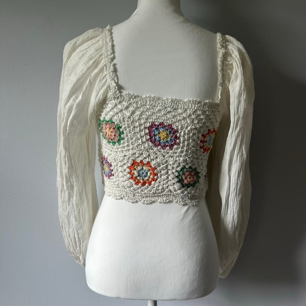 Aerie 100% Cotton Crochet Granny Square Floral Boho Longsleeve Size XS - Picture 3 of 7